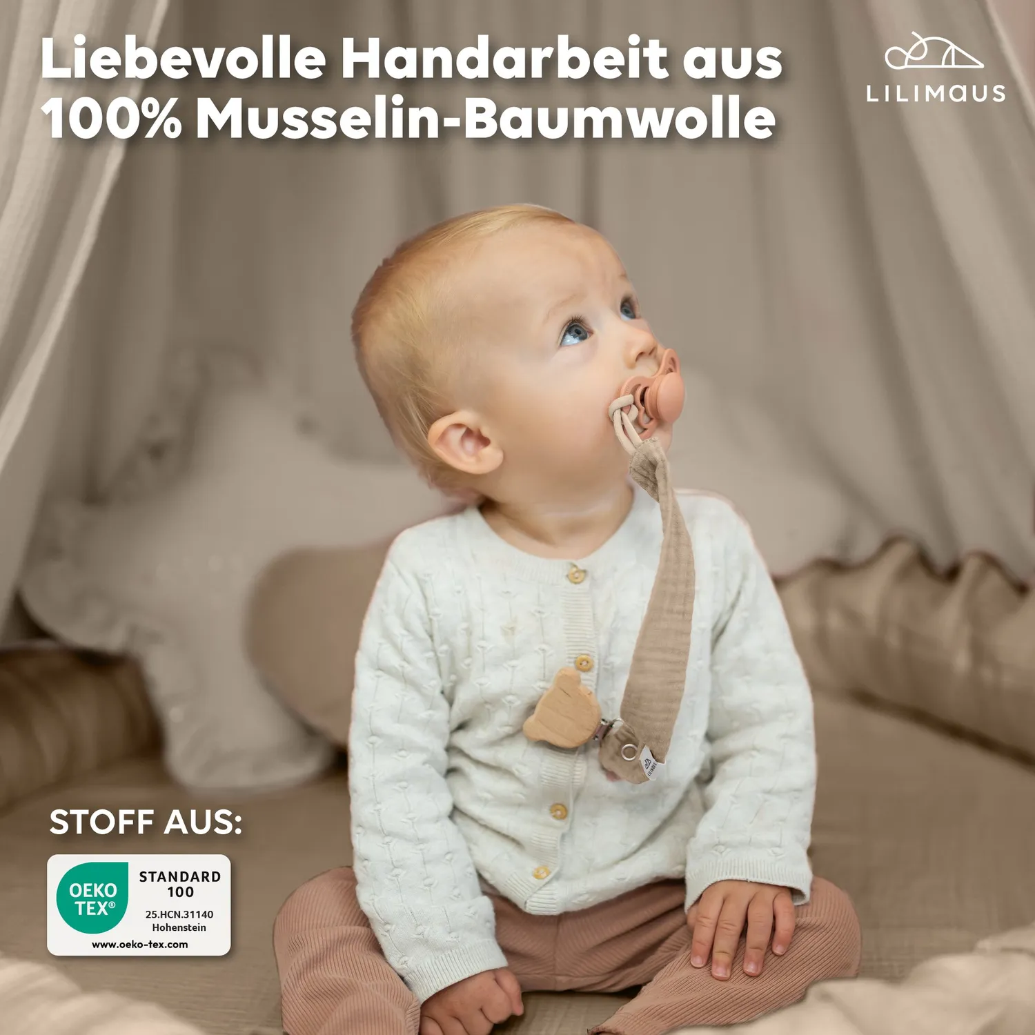 Lilimaus Schnullerkette Speenkoord Hellbeige zacht
