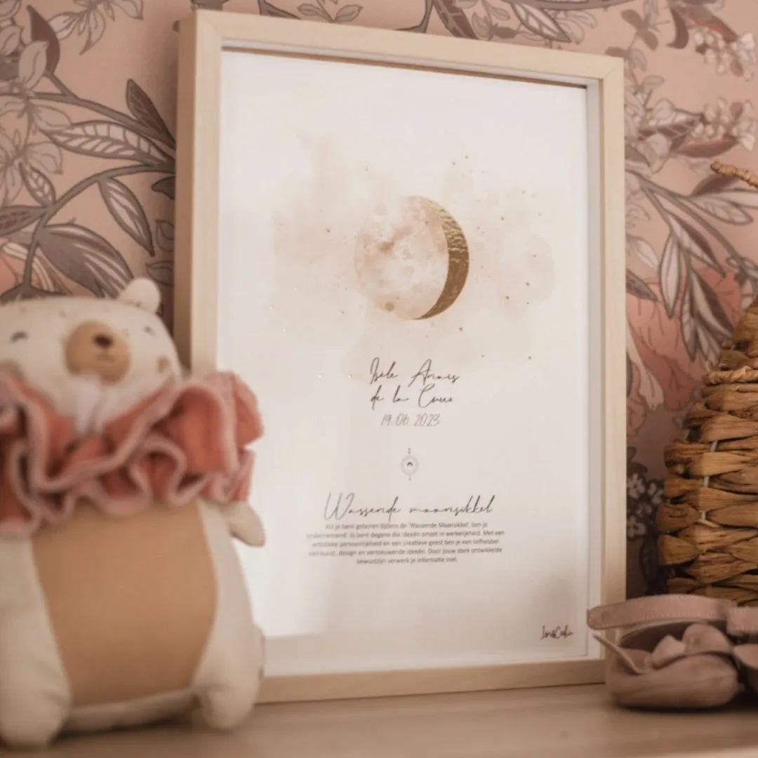 Lori & Cookie Kidsdeco Maanposter beige A4 persoonlijk goudfolie