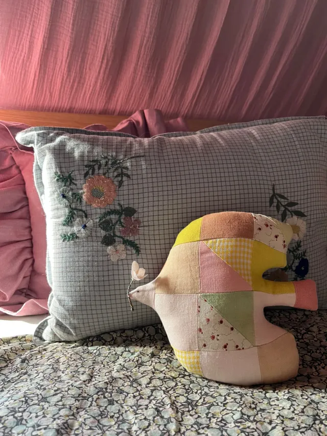 Cocon Patchwork Vogel decoratie 18x15 cm katoen linnen