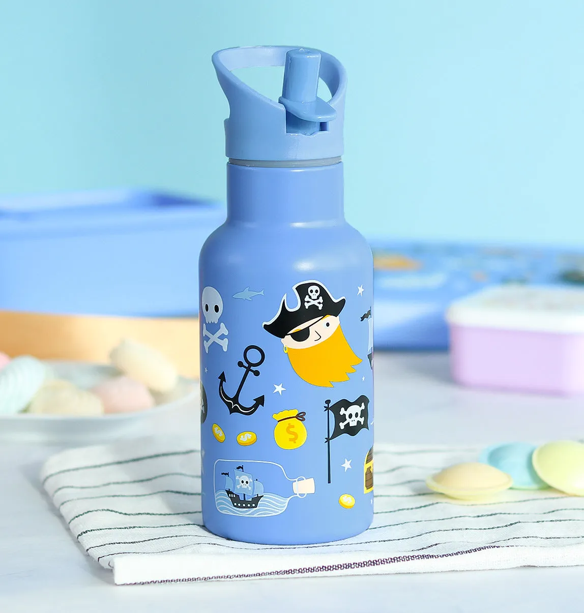 A Little Lovely Company Piraten RVS drinkfles 350 ml blauw