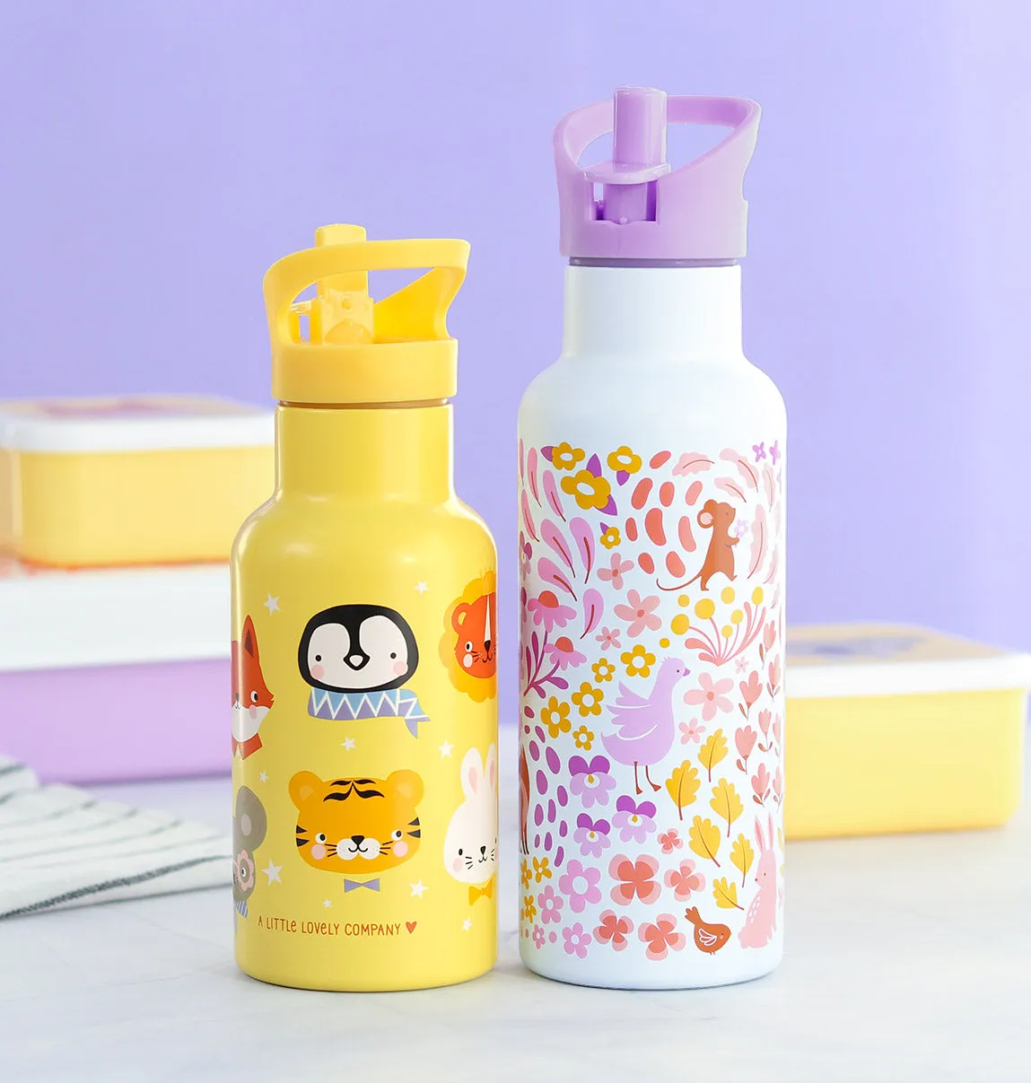 A Little Lovely Company Dierenvriendjes drinkfles RVS 350 ml geel dubbelwandig