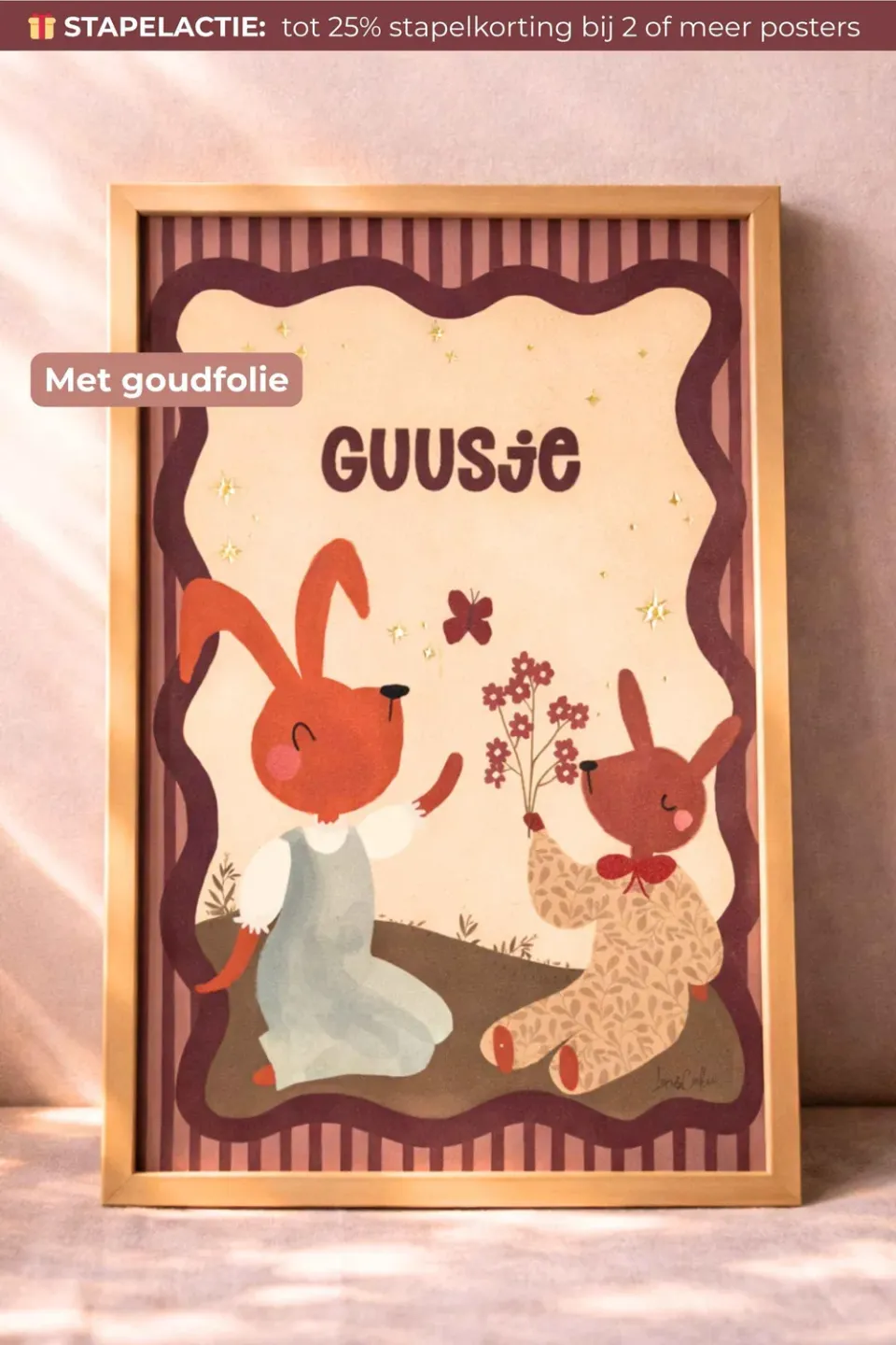 Lori & Cookie Kidsdeco Konijntjes poster goudfolie gepersonaliseerd 21x30