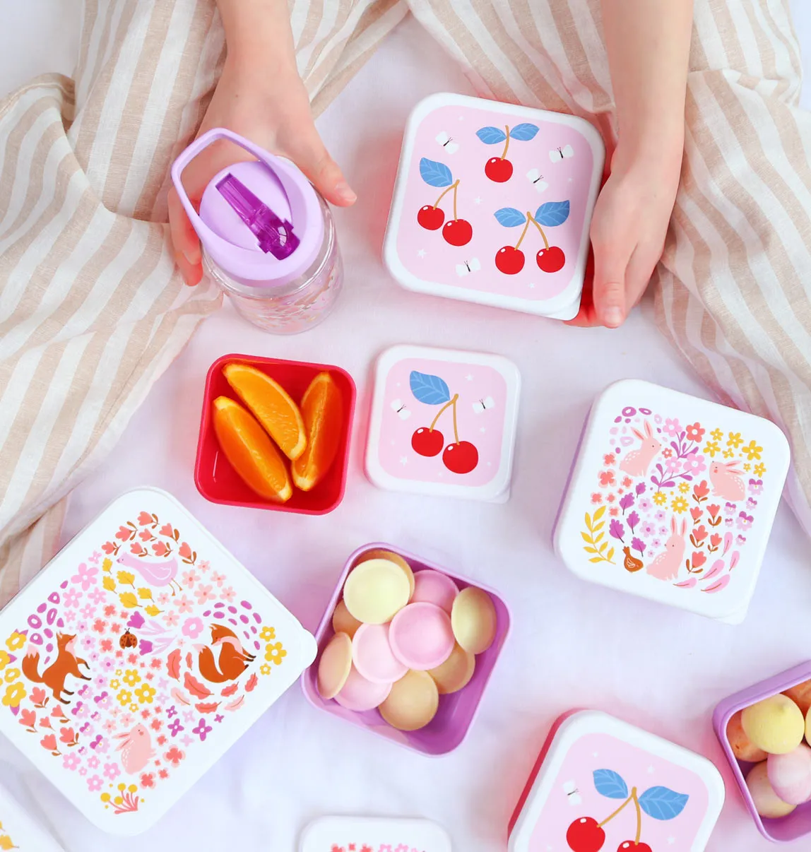 A Little Lovely Company Lunch & snack box set kersen roze 4-delig