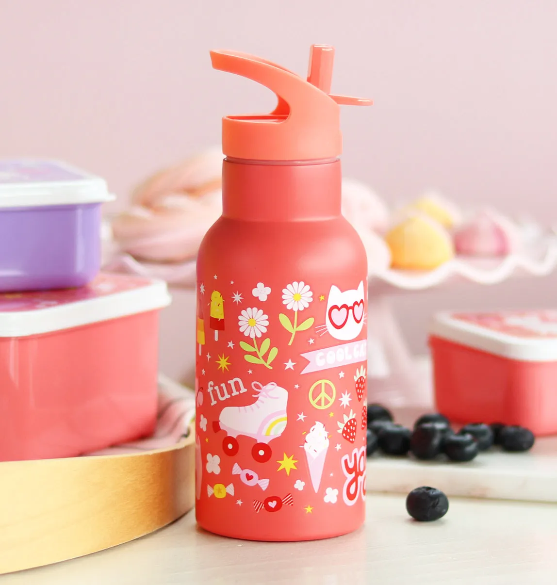 A Little Lovely Company Fun RVS drinkfles 350 ml koraalroze
