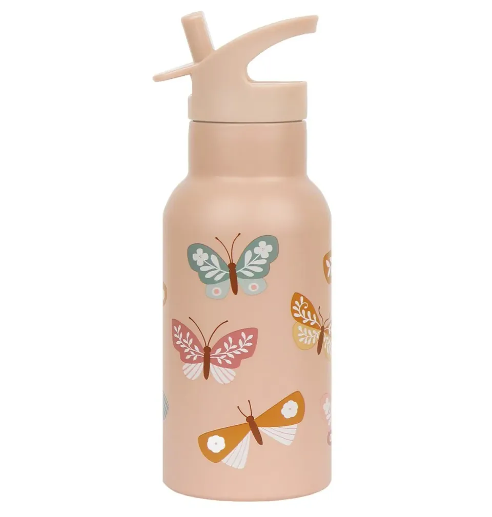 A Little Lovely Company Vlinders RVS drinkfles 350 ml roze