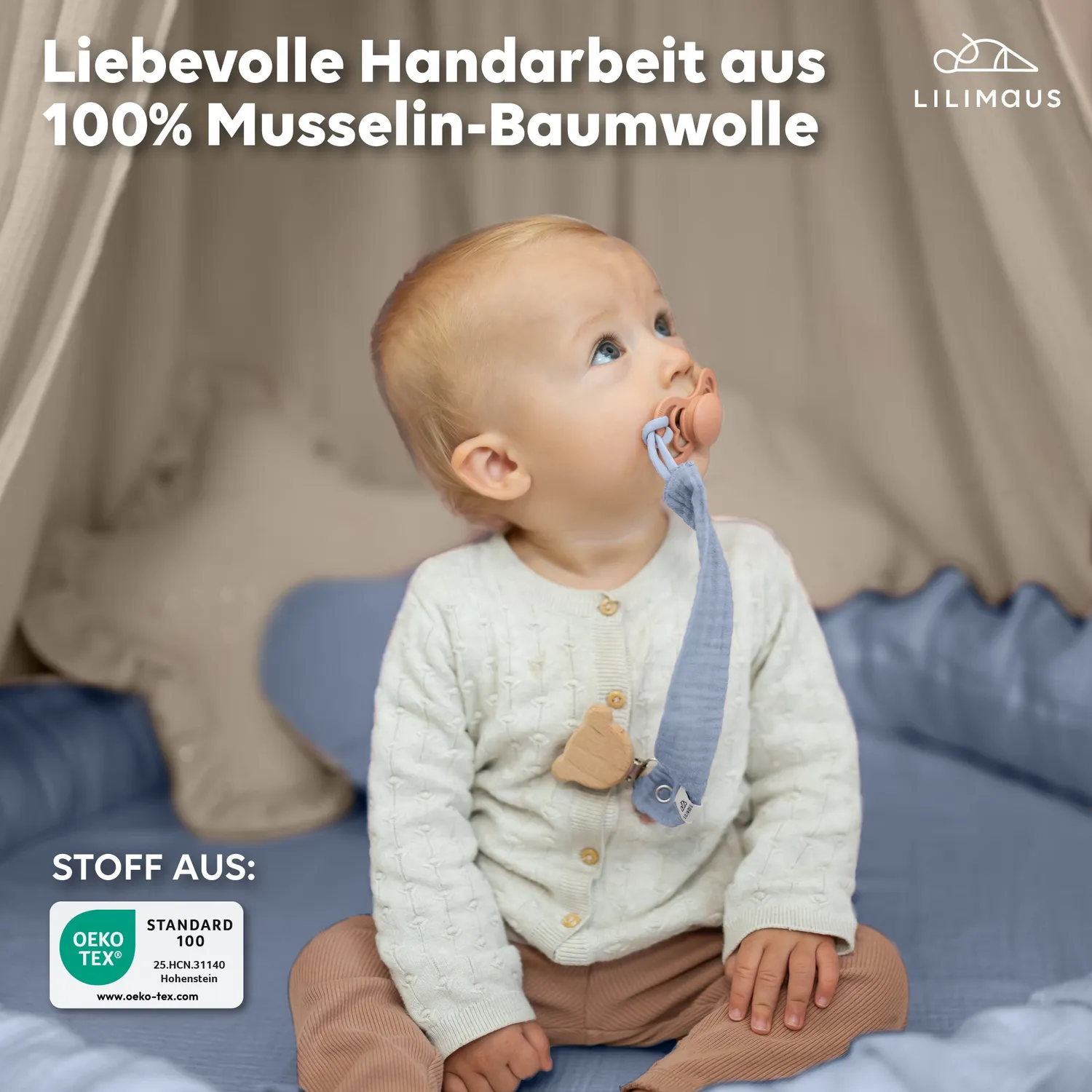 Lilimaus Schnullerkette Speenkoord Hellbeige zacht