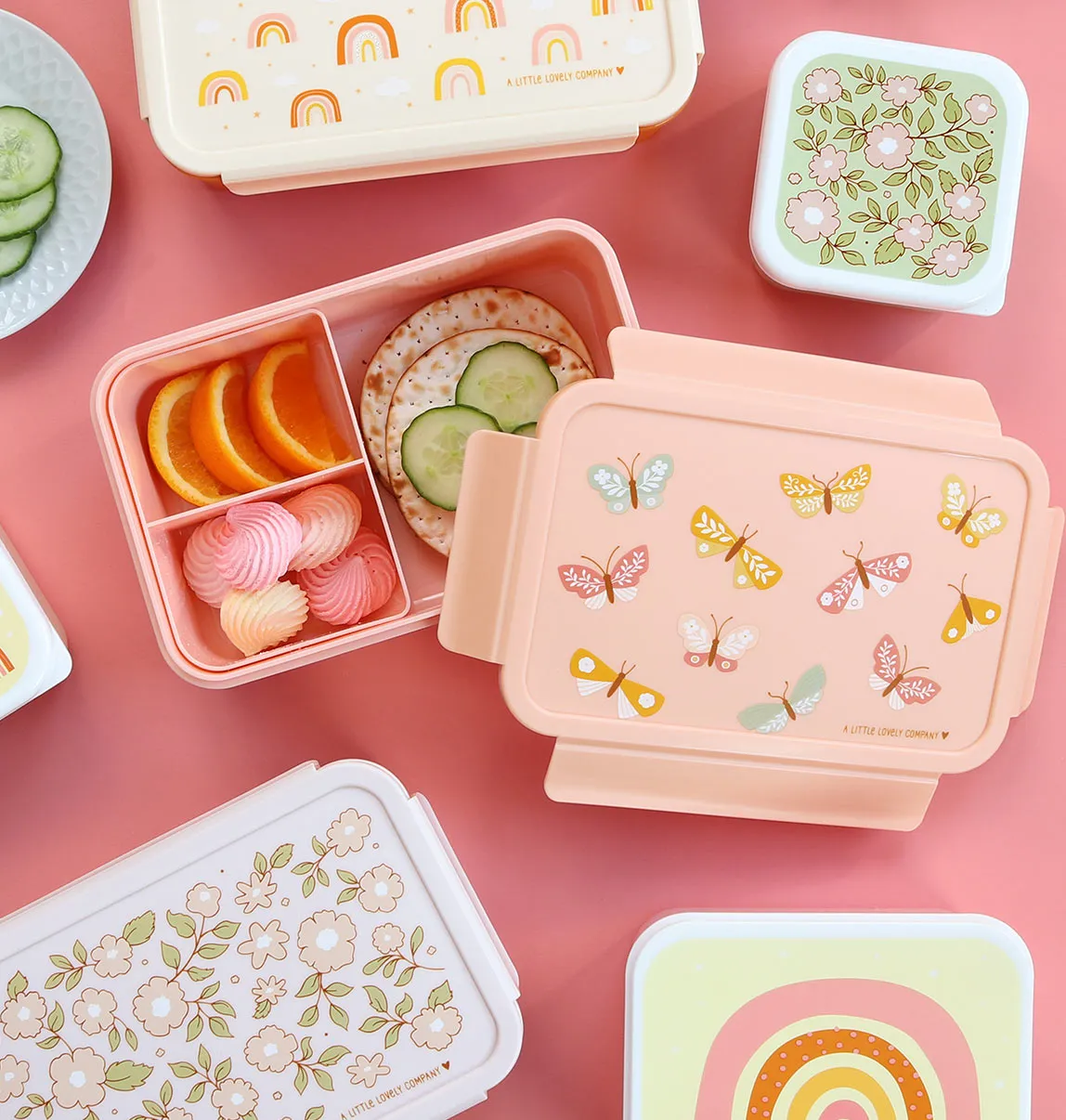 A Little Lovely Company Vlinders bento lunchbox roze met vakjes