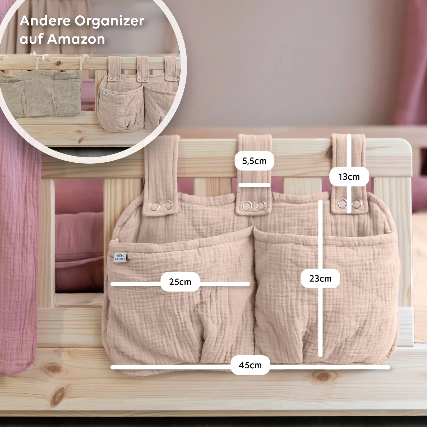Lilimaus Betttasche Bedtas Organizer Altrosa zacht katoen