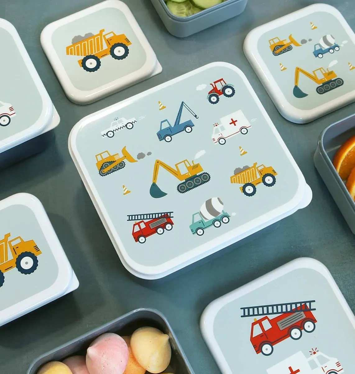 A Little Lovely Company Voertuigen lunch & snack box set 4-delig blauw