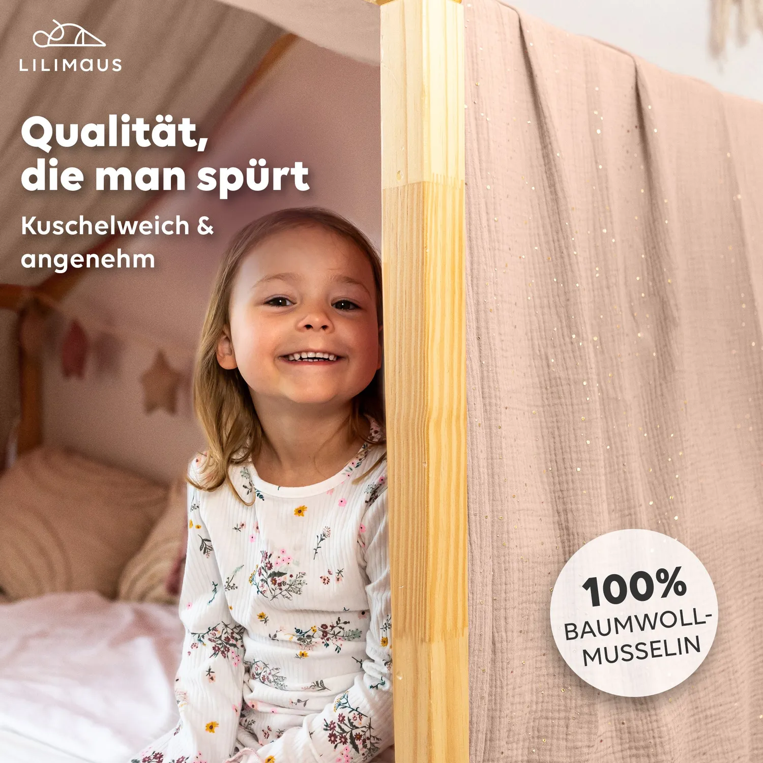 Lilimaus Huisbedhemel met Goud Bedhemel Beigeroze 90x200cm