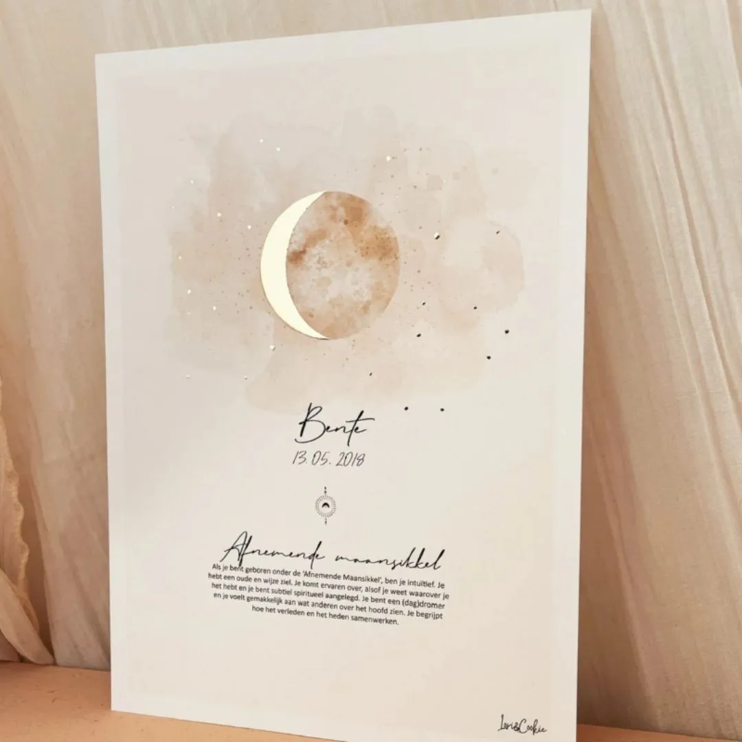 Lori & Cookie Kidsdeco Maanposter beige A4 persoonlijk goudfolie