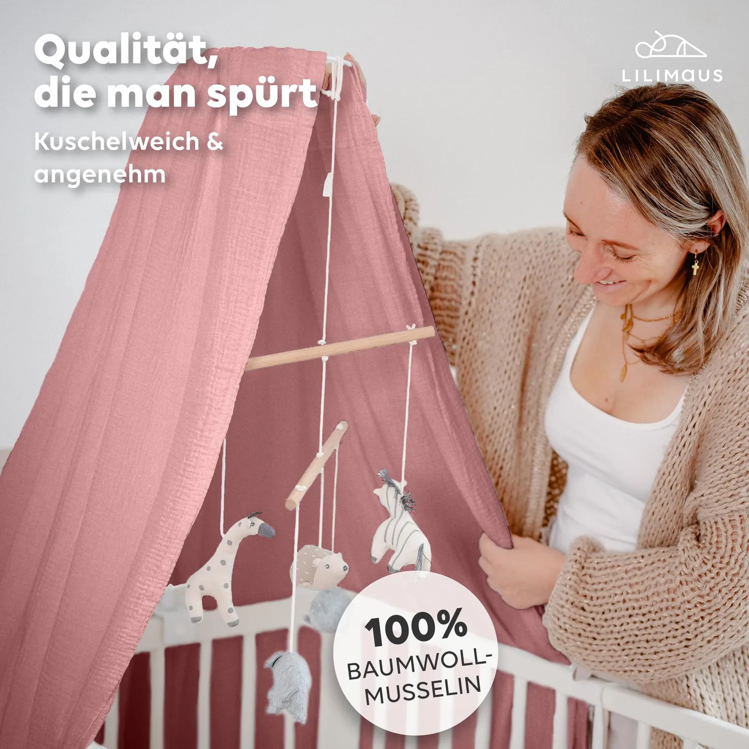 Lilimaus Babybett Himmel Musselin babyhemel wit met stok