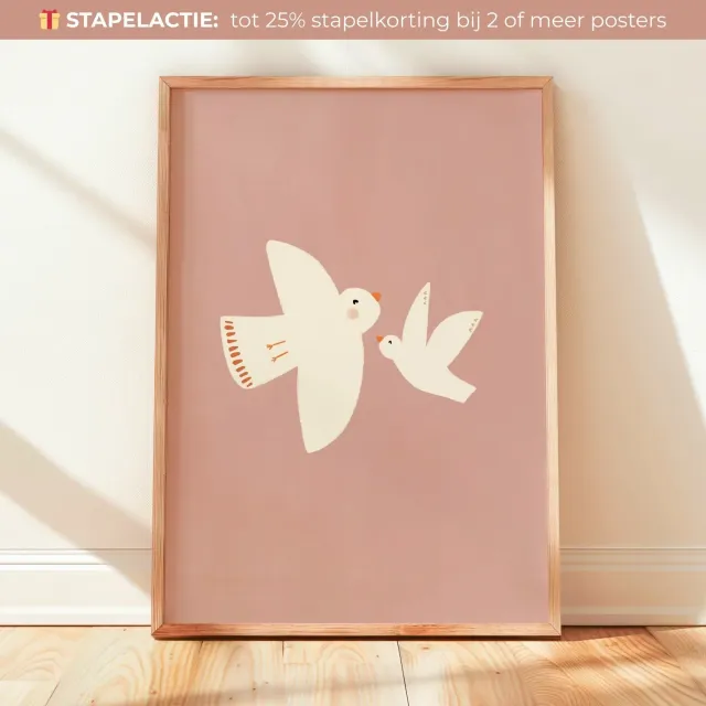 Lori & Cookie Kidsdeco Mama & Baby Vogel poster 30x40cm oudroze