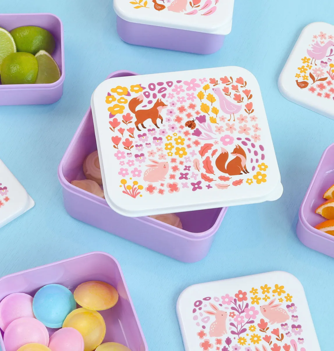 A Little Lovely Company Bloementuin lunchbox set 4-delig lila