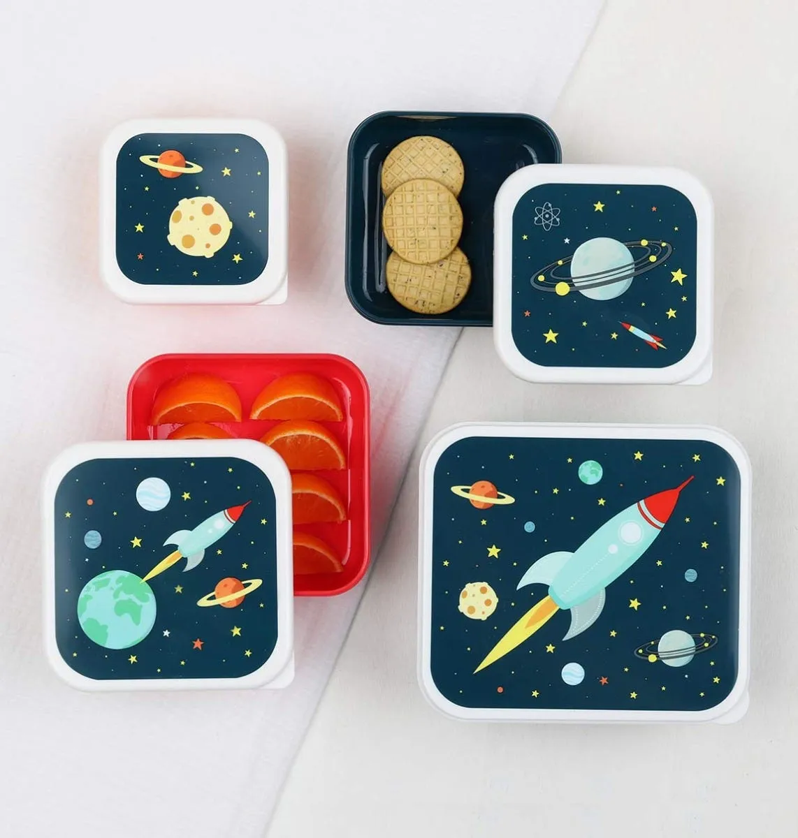 A Little Lovely Company Ruimte lunchbox set 4 stuks blauw