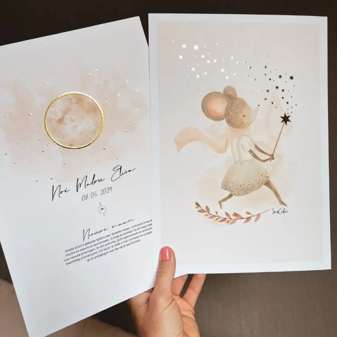 Lori & Cookie Kidsdeco Maanposter beige A4 persoonlijk goudfolie