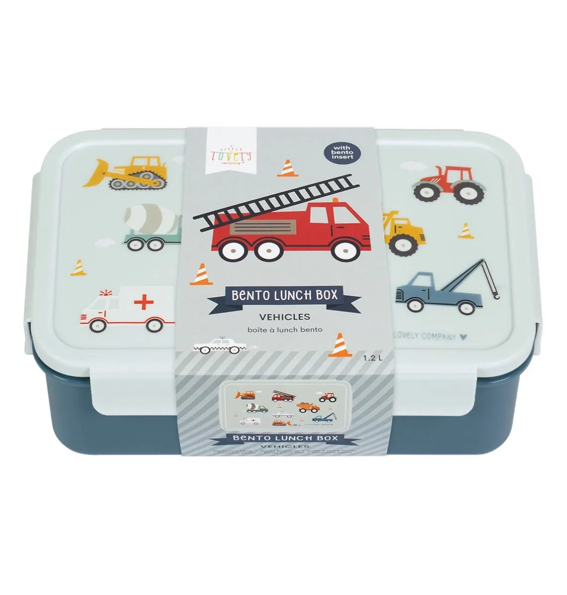 A Little Lovely Company Voertuigen bento lunchbox lichtblauw met vakken