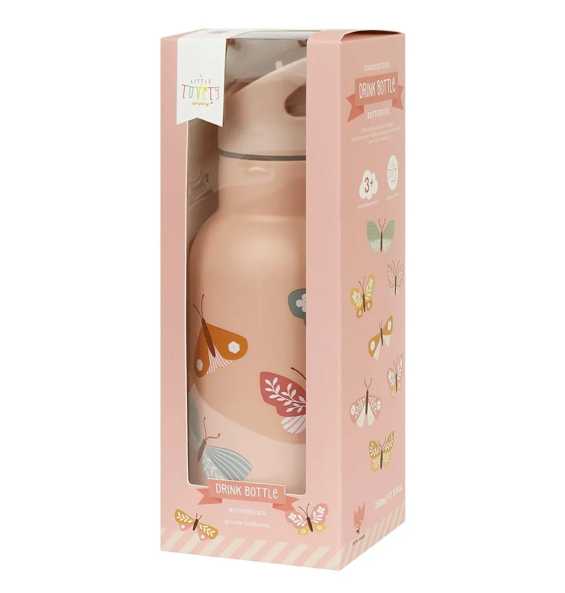 A Little Lovely Company Vlinders RVS drinkfles 350 ml roze