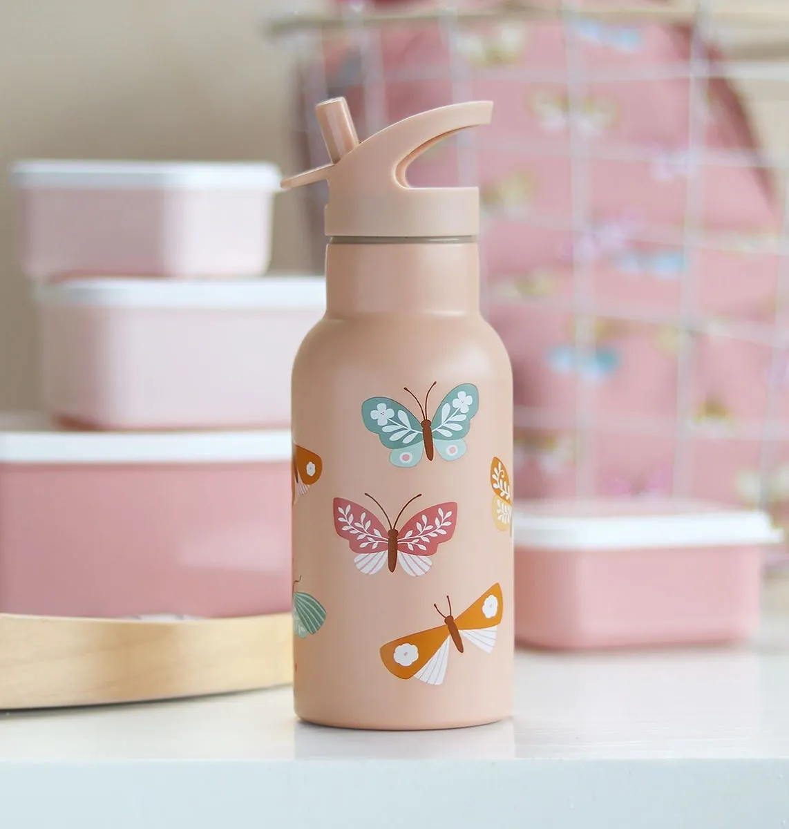 A Little Lovely Company Vlinders RVS drinkfles 350 ml roze