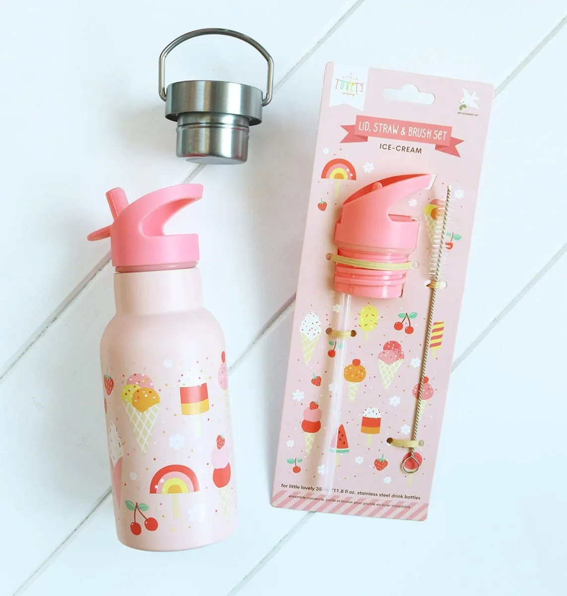 A Little Lovely Company Ijsjes dop rietje borstel set RVS fles