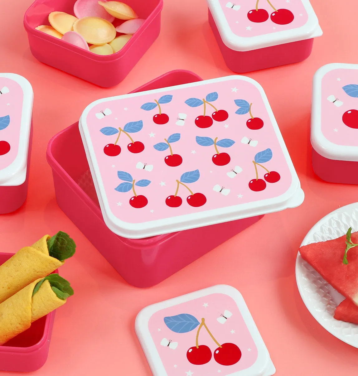 A Little Lovely Company Lunch & snack box set kersen roze 4-delig