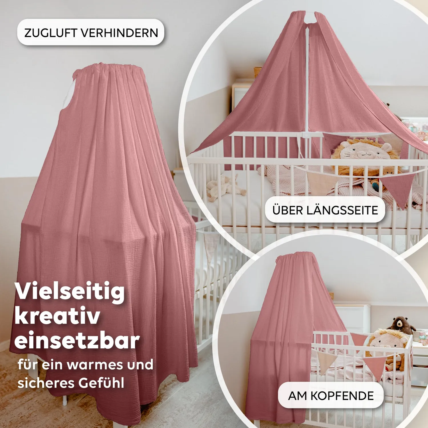 Lilimaus Babybett Himmel Musselin babyhemel wit met stok