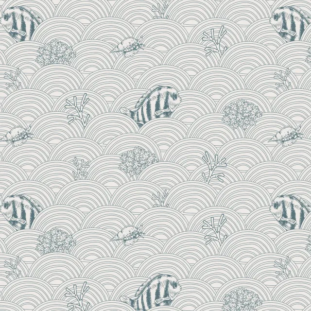 Little Amour Fishy Waves blauw behangstaal proefstuk vis