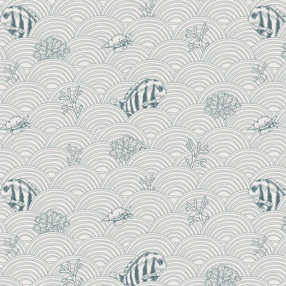 Little Amour Fishy Waves blauw behangstaal proefstuk vis