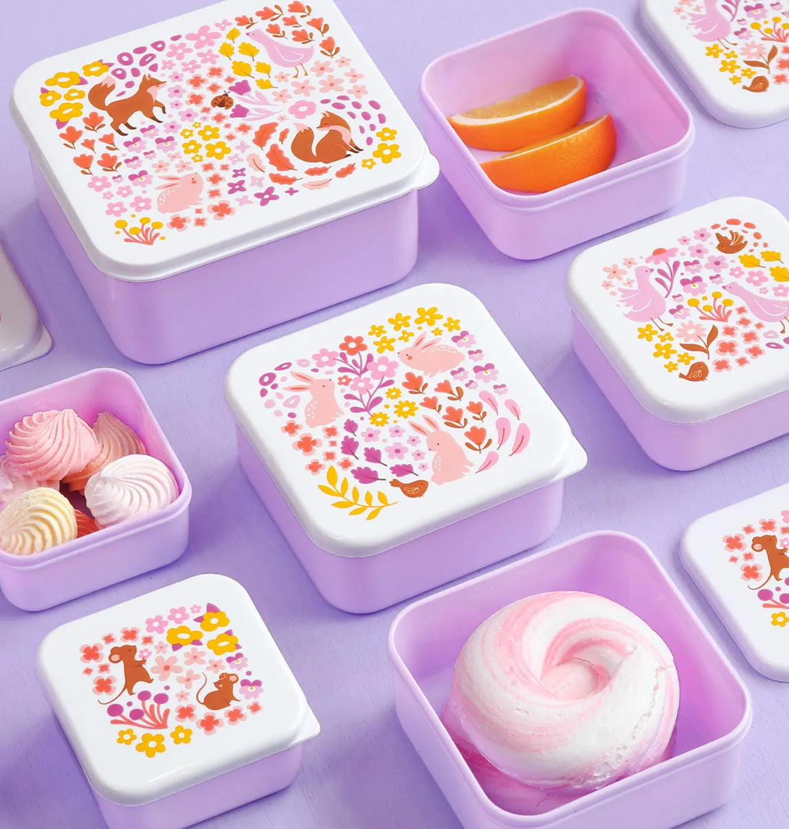 A Little Lovely Company Bloementuin lunchbox set 4-delig lila
