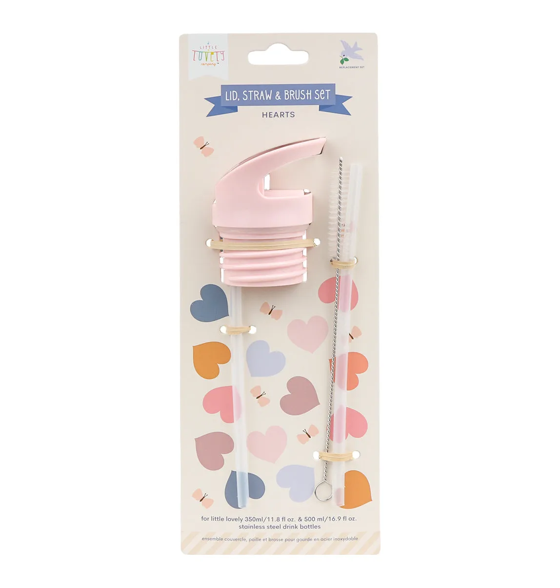 A Little Lovely Company Hartjes dop rietje borstel set RVS fles