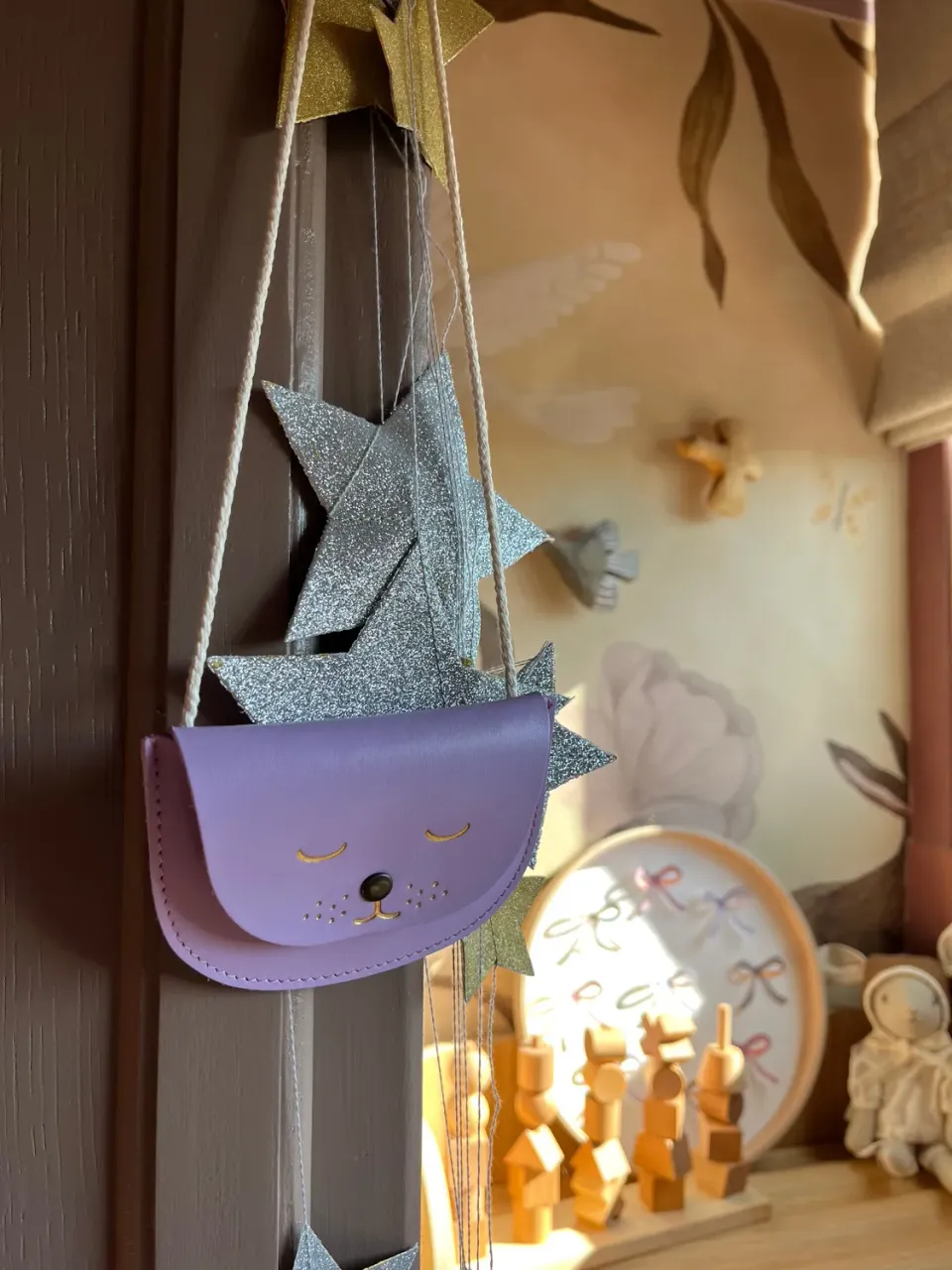 Het Kleijne Droomhuis Schoudertasje Katje Paars Leer 10,5x8 cm