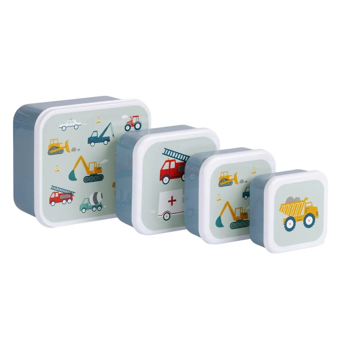 A Little Lovely Company Voertuigen lunch & snack box set 4-delig blauw